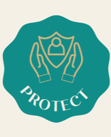 Icon of two hands holding a shield with a person symbol in the center, and the word "PROTECT" below.