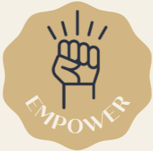A raised fist with ray-like lines above it and the word "EMPOWER" below, on a beige background.