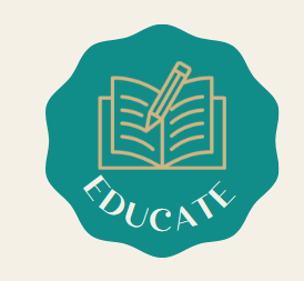 Icon of an open book with a pencil, with the word 'EDUCATE' below, on a teal badge background.