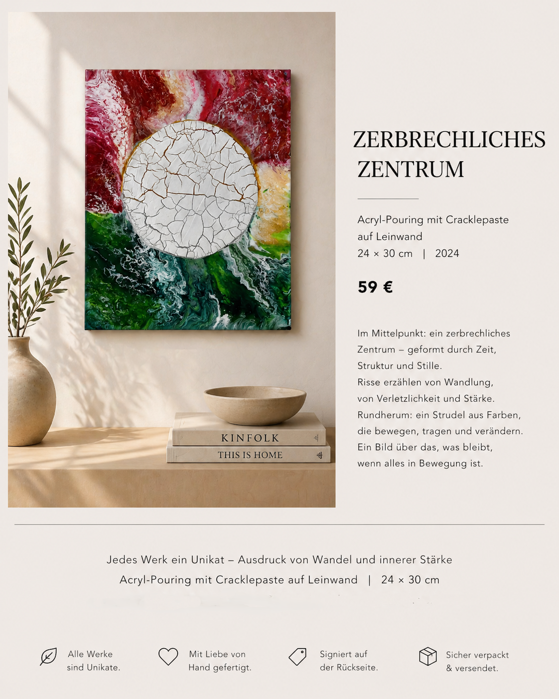 Ein abstraktes Gemälde mit einem zerbrochenen zentrierten Kreis, umgeben von farbenfrohem Acryl-Rinnsuß in Rot, Grün, Gelb und Weiß, hängt an einer weißen Wand über einer Kommode mit zwei Büchern, einer Vase und einer Keramikschale.