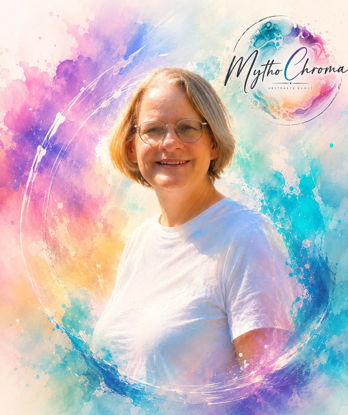 Ein Porträt einer lachenden Frau mit kurzer blond haariger Frisur und Brille vor einem bunten, abstrakten Wasserfarbenhintergrund mit dem Text "Mytho Chroma" und der Unterzeile "Abstrakte Kunst".
