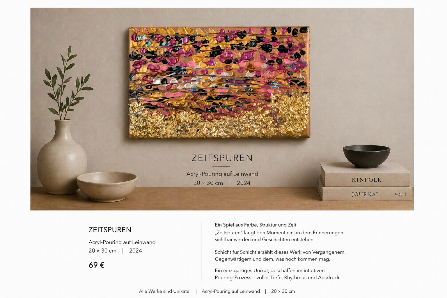 An art piece titled "Zeitsuren" created with acrylic pouring on canvas, displayed on a wall above a table with decorative bowls and a vase, with books stacked on the right.