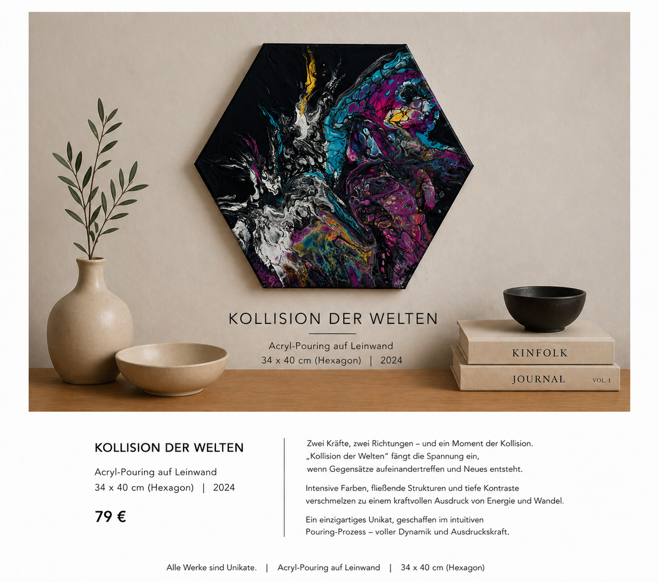 Ein Werbeplakat für ein abstraktes Acrylbild mit einem hexagonalen Format, das auf einem Regal mit Büchern steht. Das Bild trägt den Titel 'Kollision der Welten' und ist 34 x 40 cm groß, entstanden 2024, für 79 Euro.