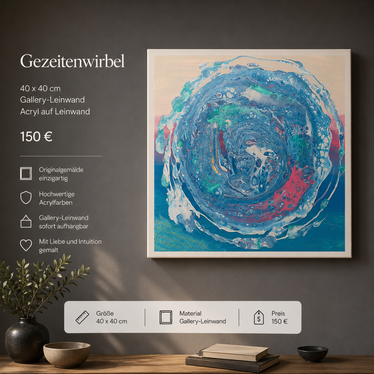 Ein abstraktes Acrylgemälde in Blau- und Rottönen, das auf einer weißen Leinwand in einem Rahmen prangt, mit einem schwarzen Hintergrund, wobei Produktinformationen in Deutsch neben dem Bild angezeigt werden.
