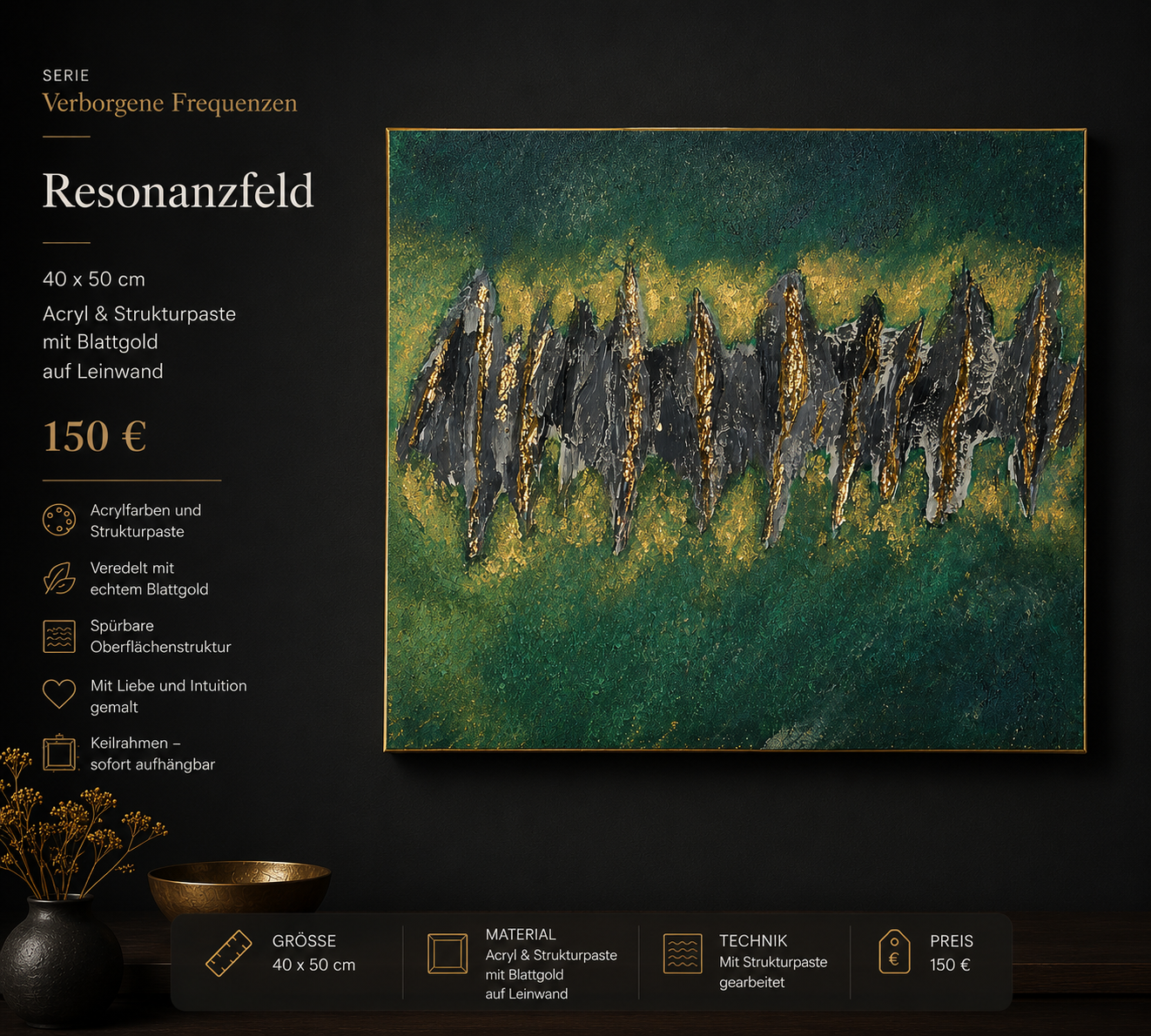 Ein schwarzer Hintergrund mit einer abstrakten, strukturieren Acrylmalerei mit Blattgold. Textinformationen über das Kunstwerk, Preis und Material auf Deutsch.