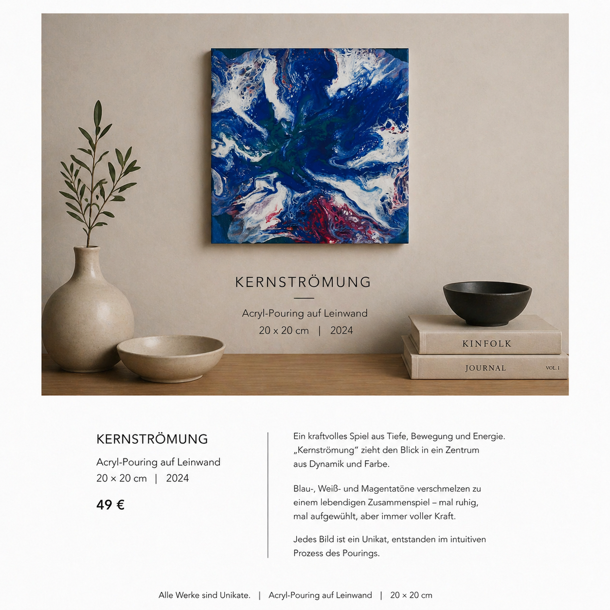 Ein Kunstwerk namens Kernströmung, erstellt durch Acryl- pouring auf Leinwand mit den Maßen 20x20 cm im Jahr 2024. Es zeigt eine abstrakte, dynamische Mischung aus Blau, Weiß und Magenta, das die zentrale Bewegung von Energie und Tiefe symbolisiert.