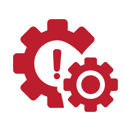 Red gears with an exclamation mark inside one gear, indicating a technical issue or alert.