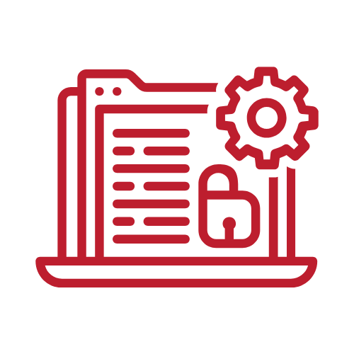 Icon of a laptop with a document and gear, symbolizing privacy settings or data security.