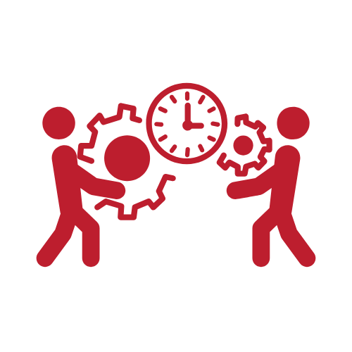 Two stylized human figures are holding gears on either side of a clock, symbolizing teamwork and time management.