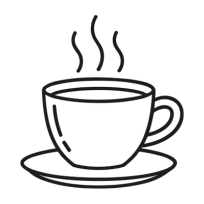 Line drawing of a steaming coffee cup on a saucer.