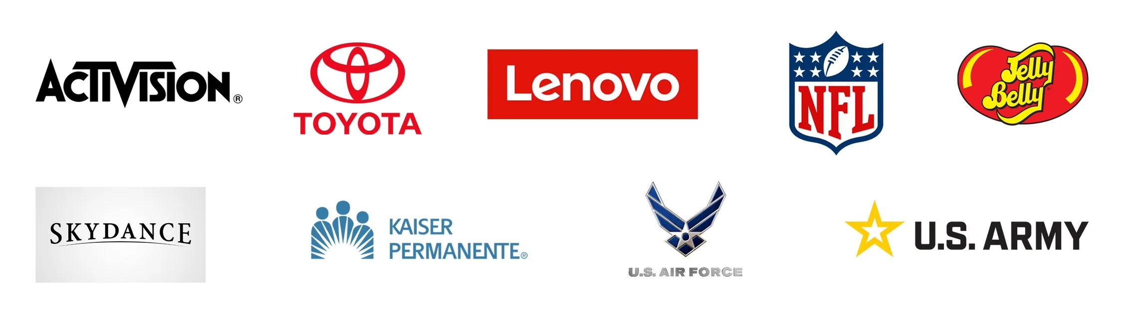 Collection of logos from various companies and organizations including Activision, Toyota, Lenovo, NFL, Jelly Belly, Skydance, Kaiser Permanente, U.S. Air Force, and U.S. Army.