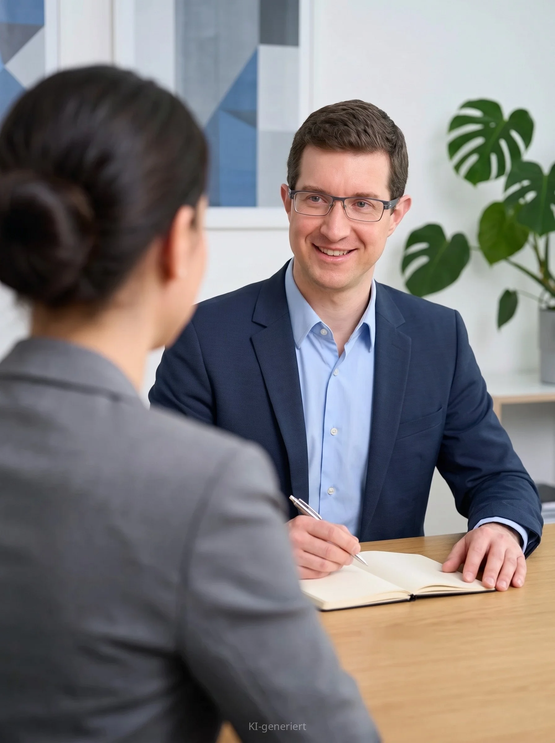 Coachingsituation am Tisch, Felix Knittel im Gespräch mit einer Führungskraft, Notizbuch und Stift, KI-generiertes Bild