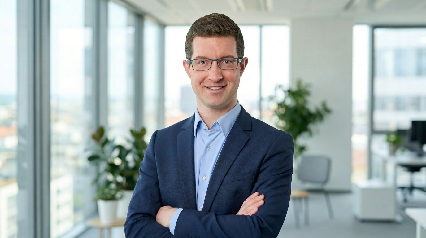 Business‑Porträt eines Coaches in modernem Büro, der Führungskräfte bei gesundheitsorientierter Führung begleitet.