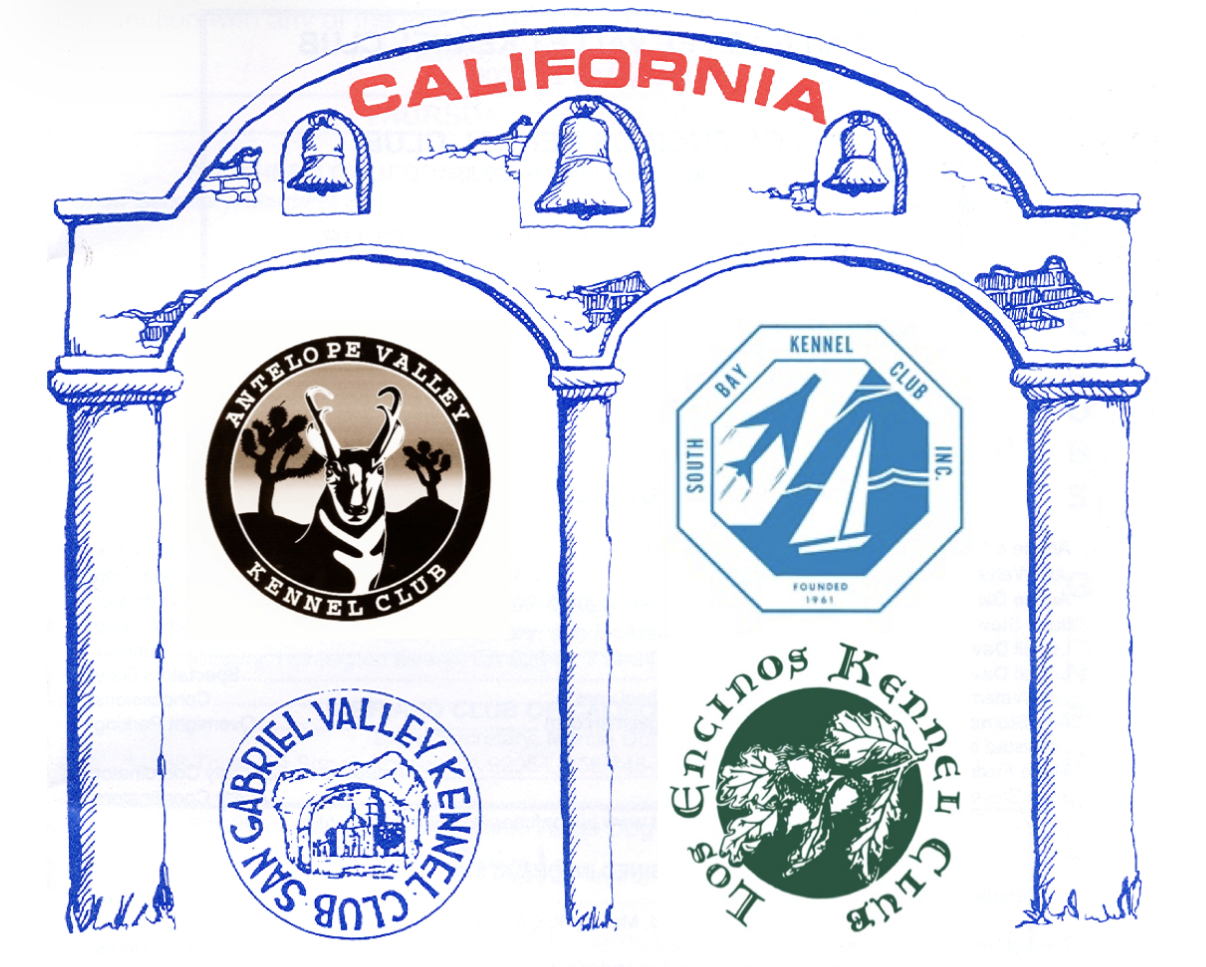 Sketch of a decorative archway with the word 'California' at the top, featuring four bells and four logo patches for different California kennel clubs, including Antelope Valley Kennel Club, South Bay Kennel Club Inc., Los Angeles Kennel Club, and Saddle Gabriel Valley Kennel Club.