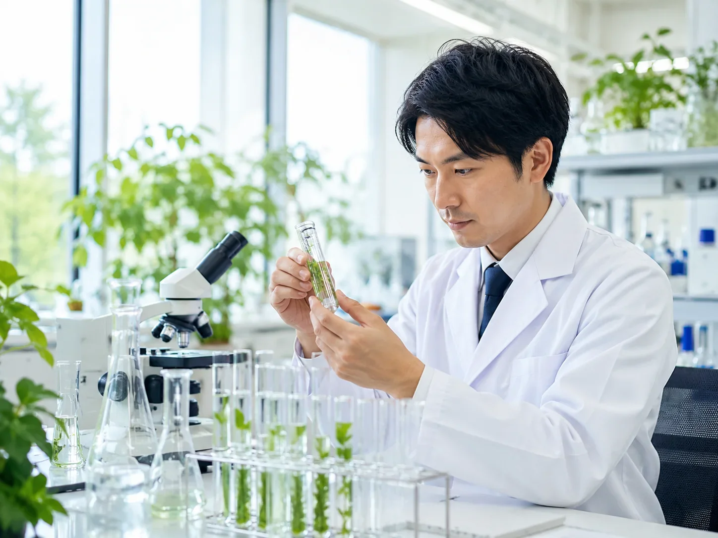 研究者が試験管に緑の植物を入れて観察している科学実験室の写真