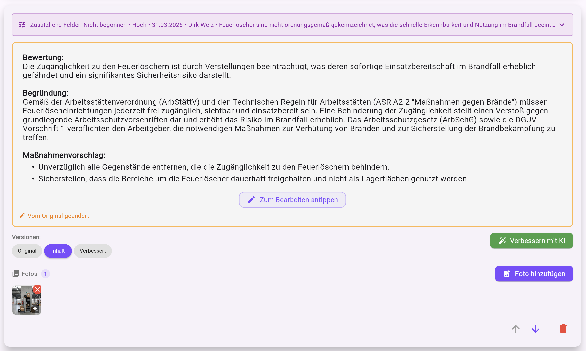 Mängel einer Begehung mit Begründung, Gesetzlichen Richtlinien und Vorschriften und Empfehlungen für die Nutzung von Feuerlöschern im Brandfall zeigt