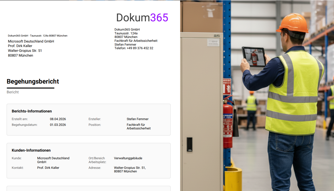 Begehung mit Text, Foto, Unternehmensinformation als PDF Protokoll und Bericht