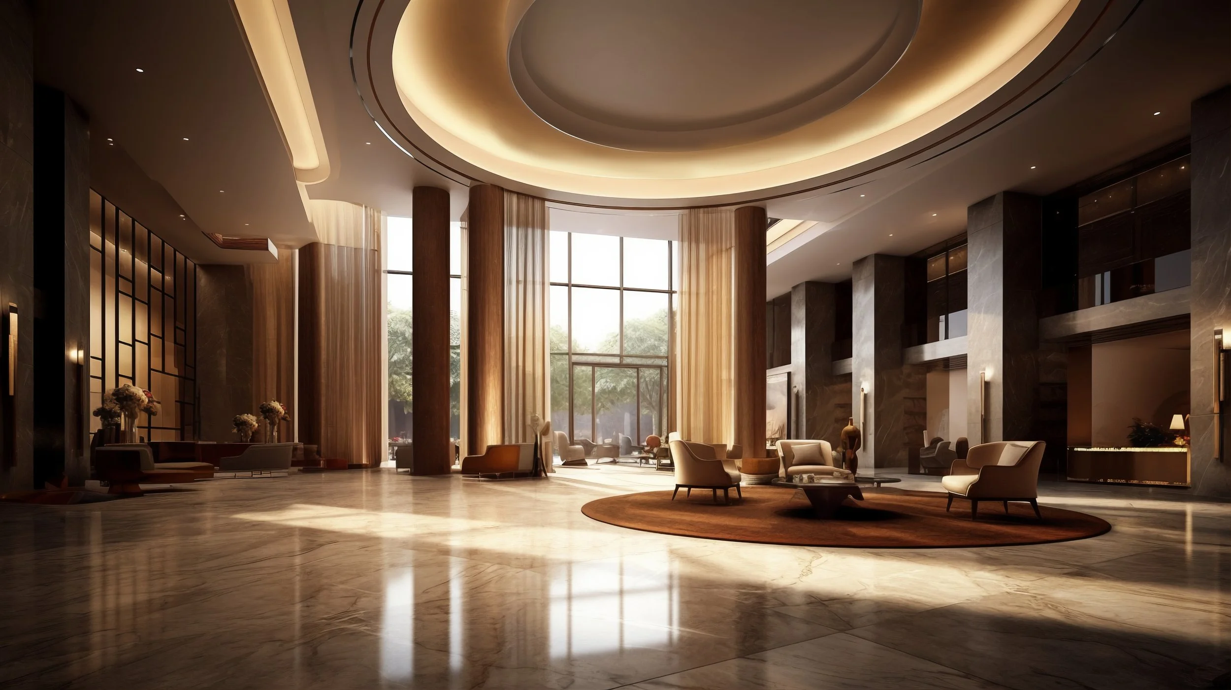 A spacious, luxurious hotel lobby with tall windows, wooden columns, elegant seating areas, and modern decor, illuminated by natural light.
