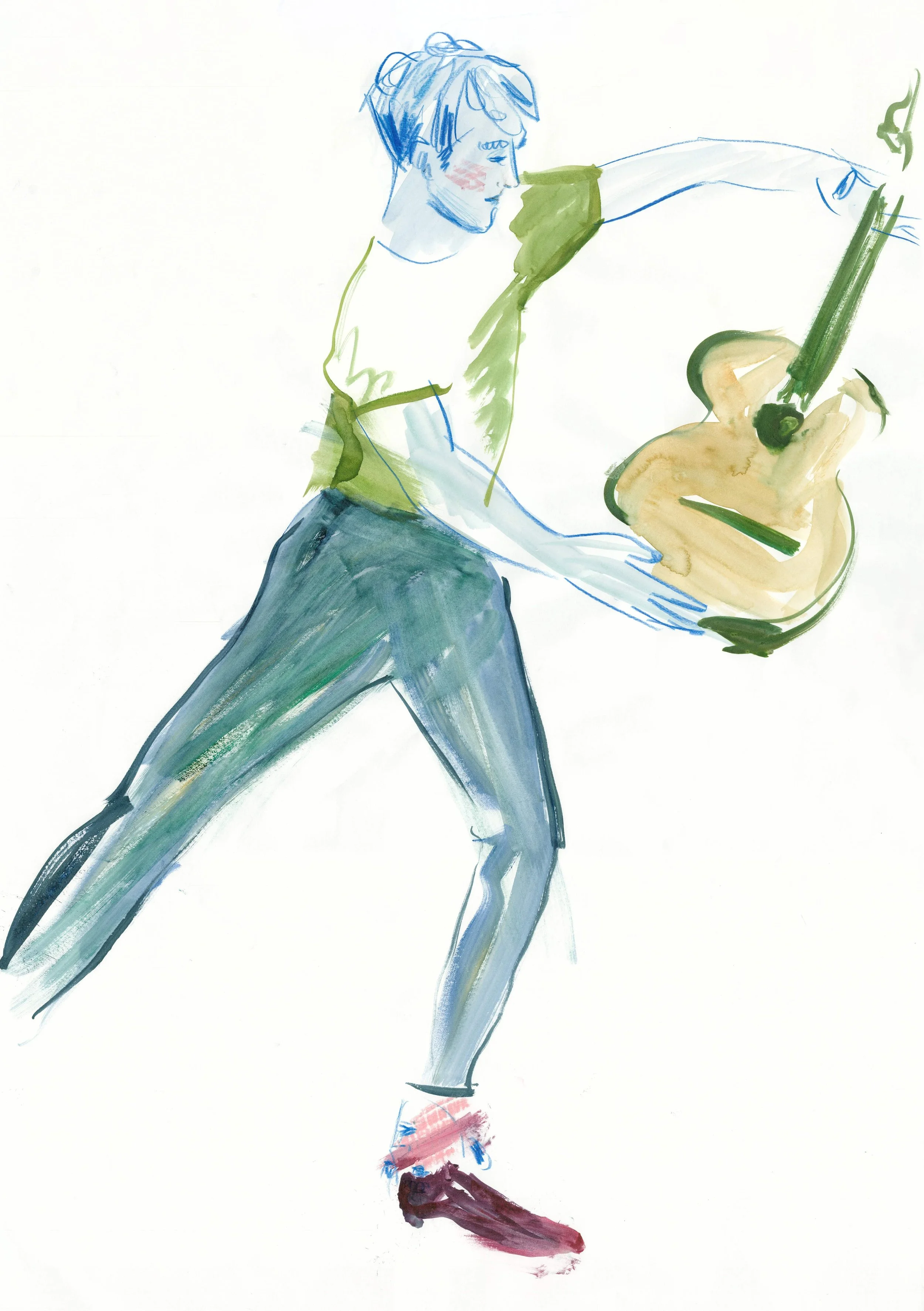 A colorful watercolor-style drawing of a woman playing the piano. She has short hair, a green top, blue jeans, and reddish-brown shoes.