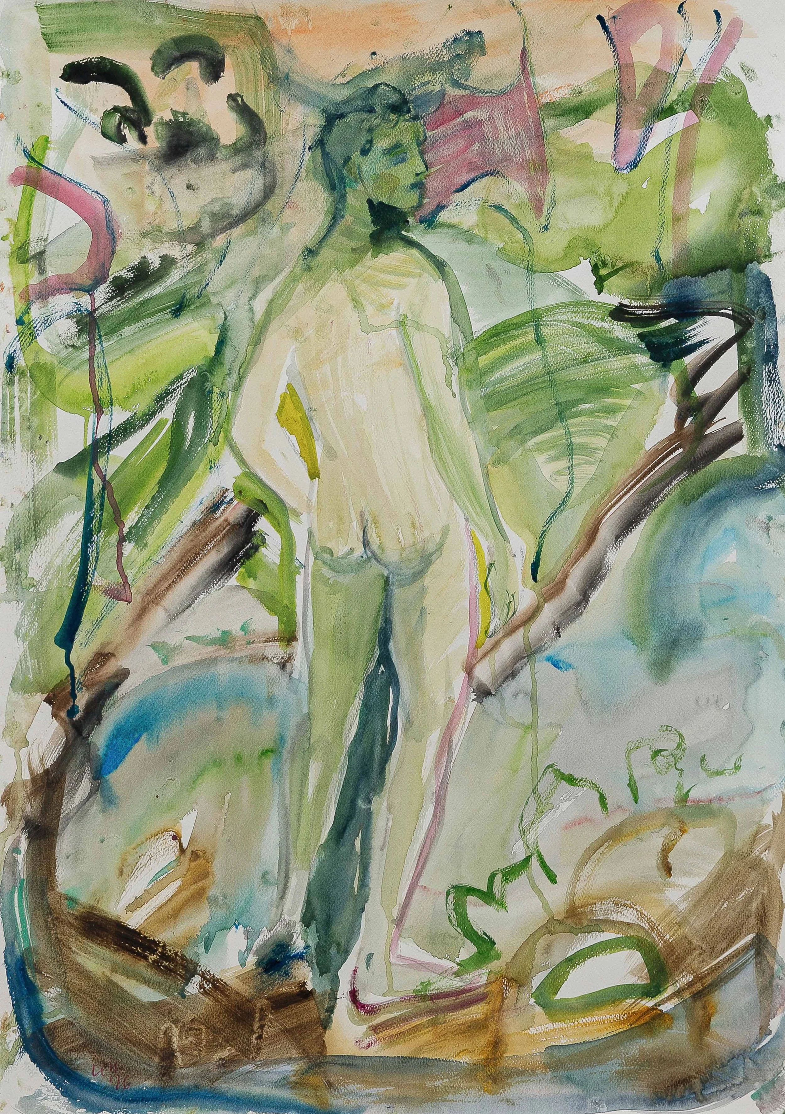 Abstract watercolor painting with green, pink, brown, blue, and black colors, depicting a suggestive outline of a figure with a face and bodies, surrounded by swirling shapes and lines.