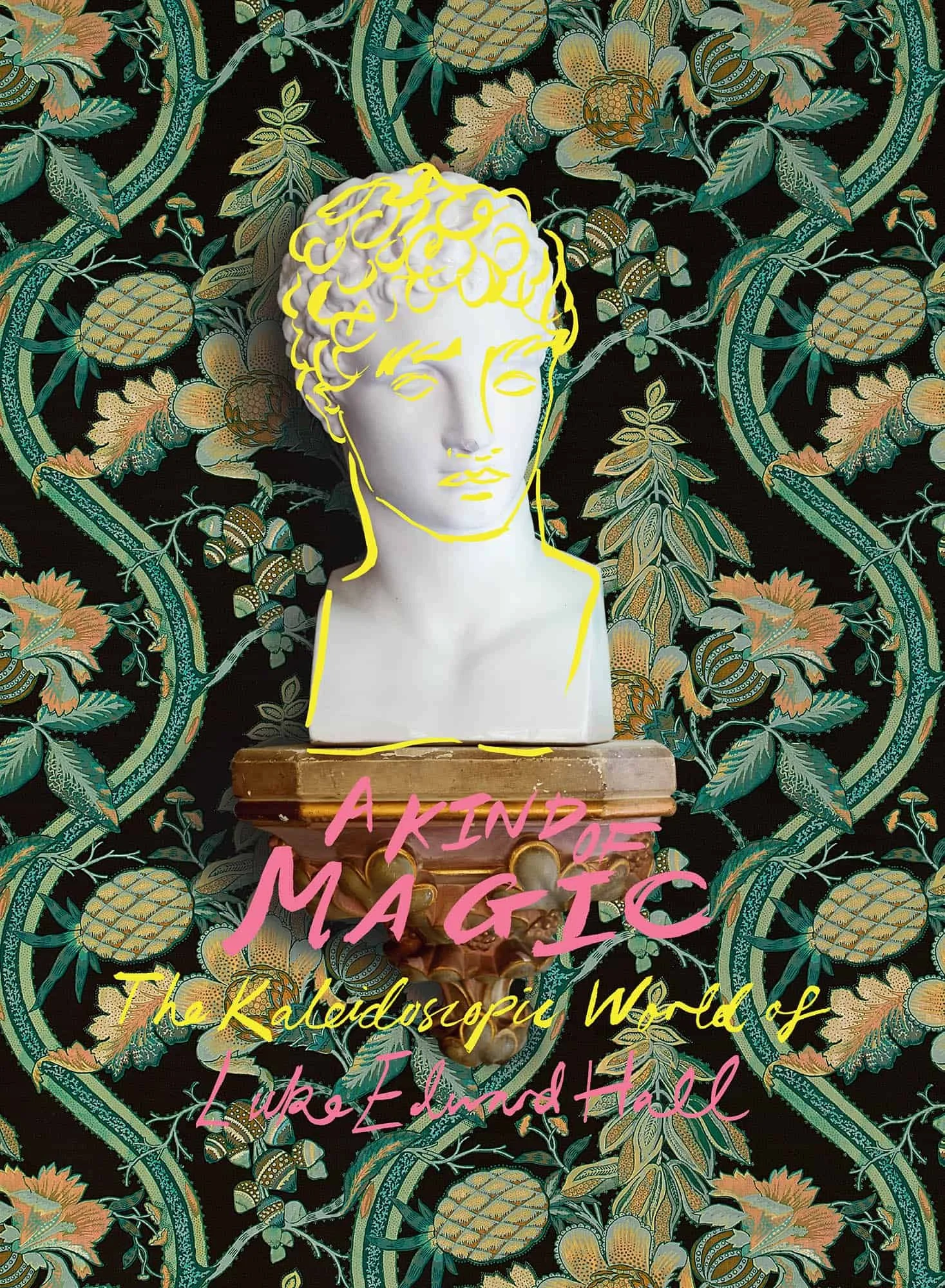A classical bust sculpture of a person with short, curly hair outlined in yellow, placed against a decorative background with a floral pattern. Text in pink, yellow, and white overlays the image, with phrases including "A KIND OF MAGIC" and "The glorious World of Lucy Edmonds Hall."