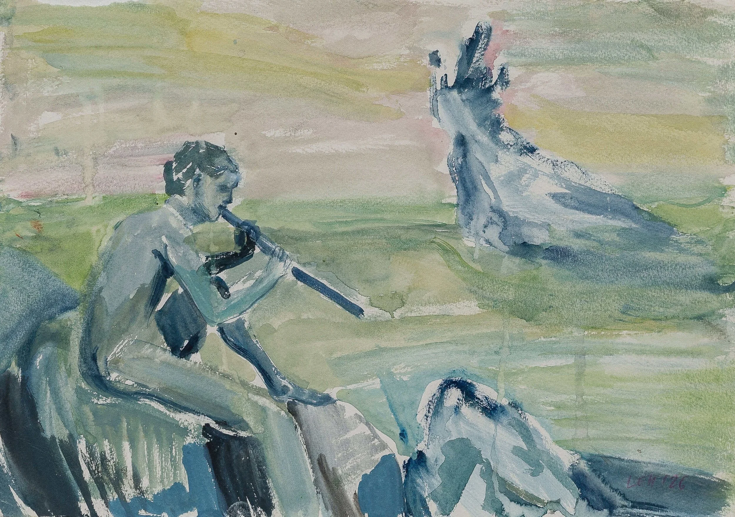 Watercolor painting of a woman sitting on a bicycle with a large building in the background, painted in soft muted colors.