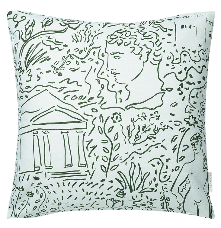 Line drawing of a garden scene with a classical building, a large woman's face, a statue of a woman, foliage, flowers, and trees.