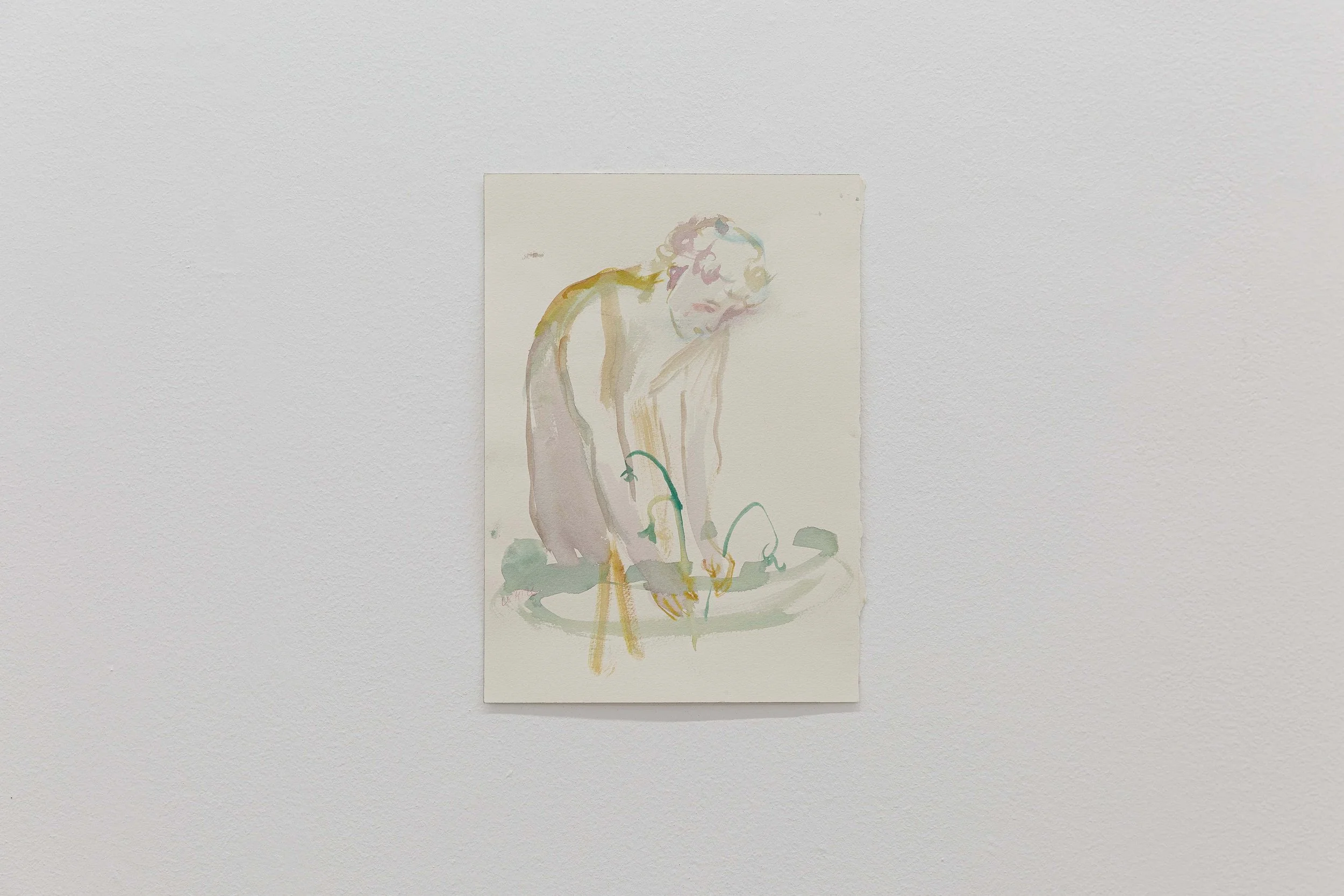 A watercolor painting of a person with curly hair, sitting on a chair, with a pipe in hand, on a plain white background.