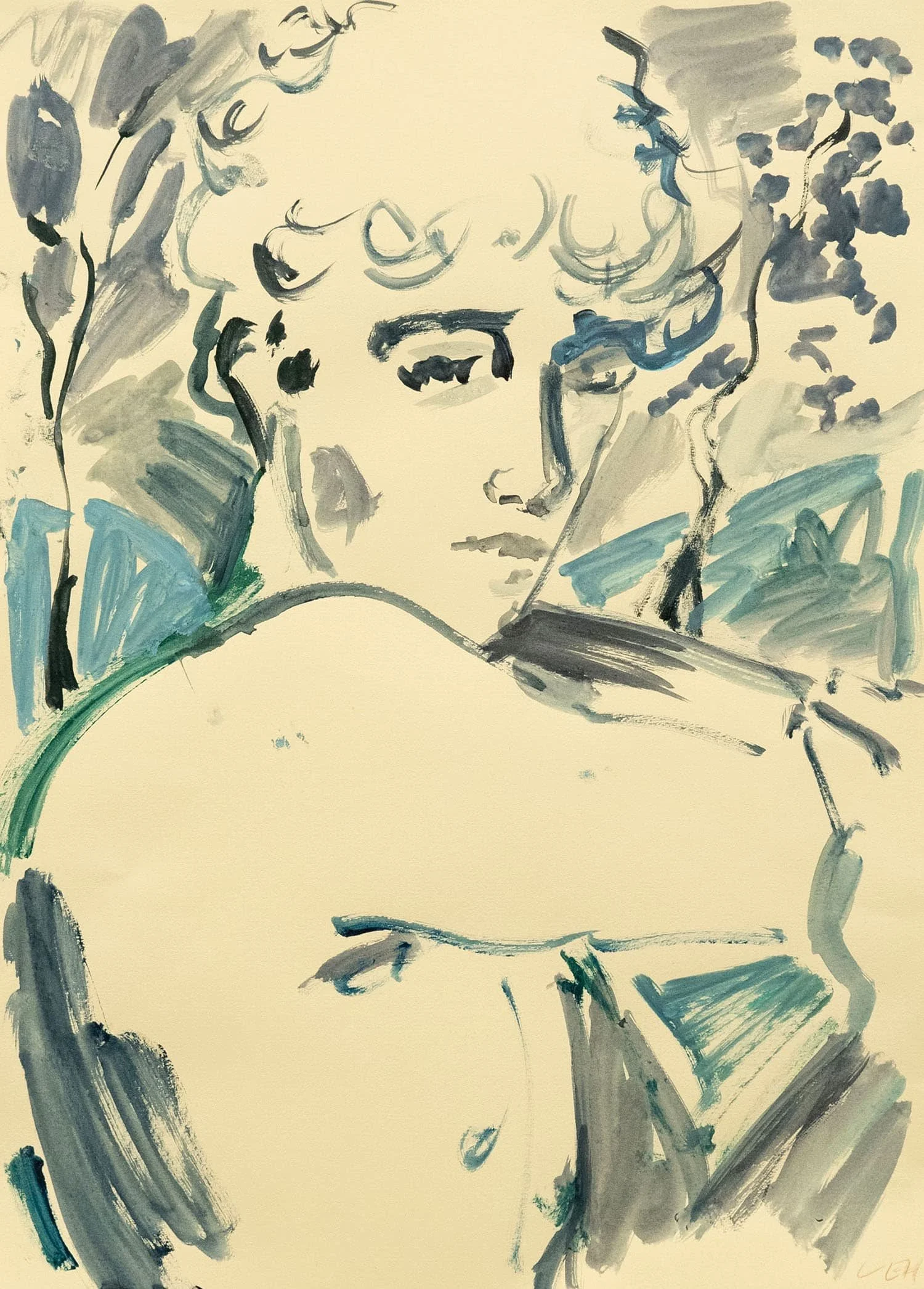 Abstract watercolor painting of a woman's face, using shades of gray and blue, with loose brushstrokes and minimalist style.