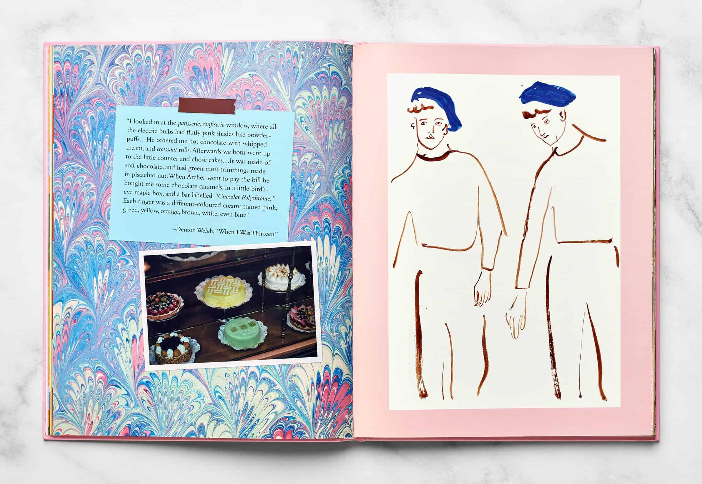Open book with colorful marbled pages, containing a text excerpt and a photo of various desserts, along with a sketch of two people with blue hair on the right page.