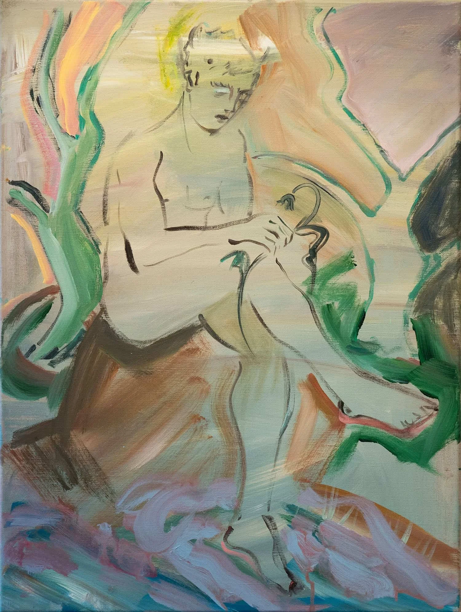 An abstract painting of a nude woman with short hair, holding a hanging object, surrounded by vibrant, swirling colors.