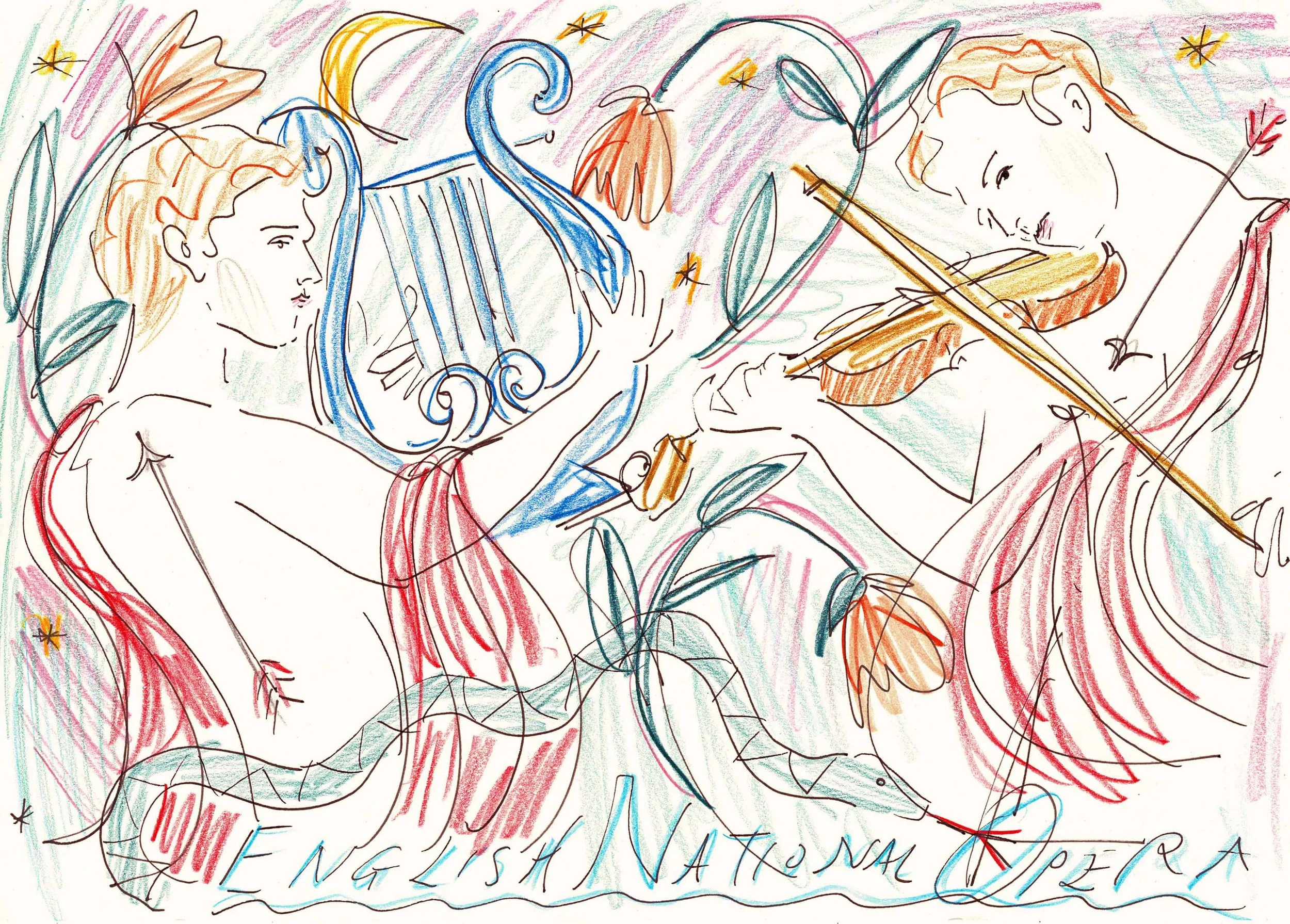 Colorful hand-drawn illustration of two mermaids playing violins surrounded by starfish and seashells, with an island and tree in the background, and text that reads 'WINGS OF THE NATIONAL PARK' at the bottom.
