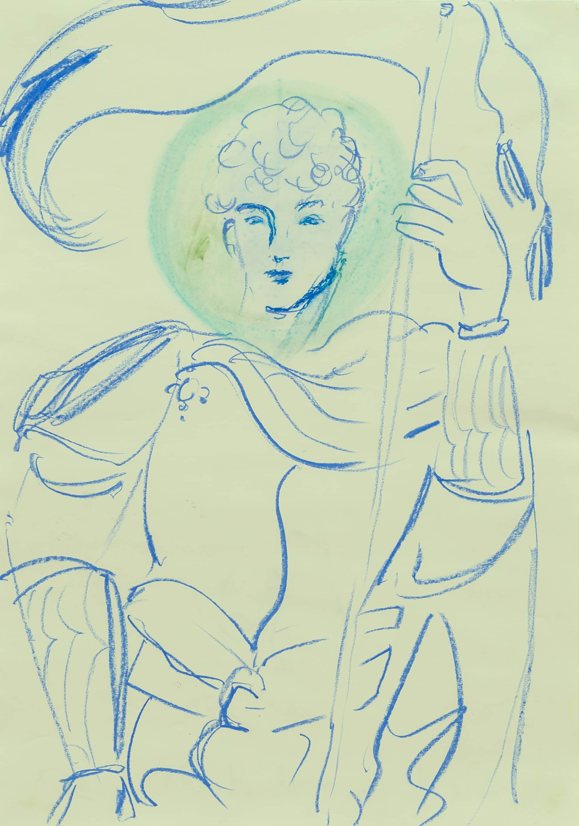 A blue line drawing of a woman sitting on a chair, holding an open book on her lap, with one hand resting on her knee and the other holding the book, wearing striped pants and a top with a slightly open collar.