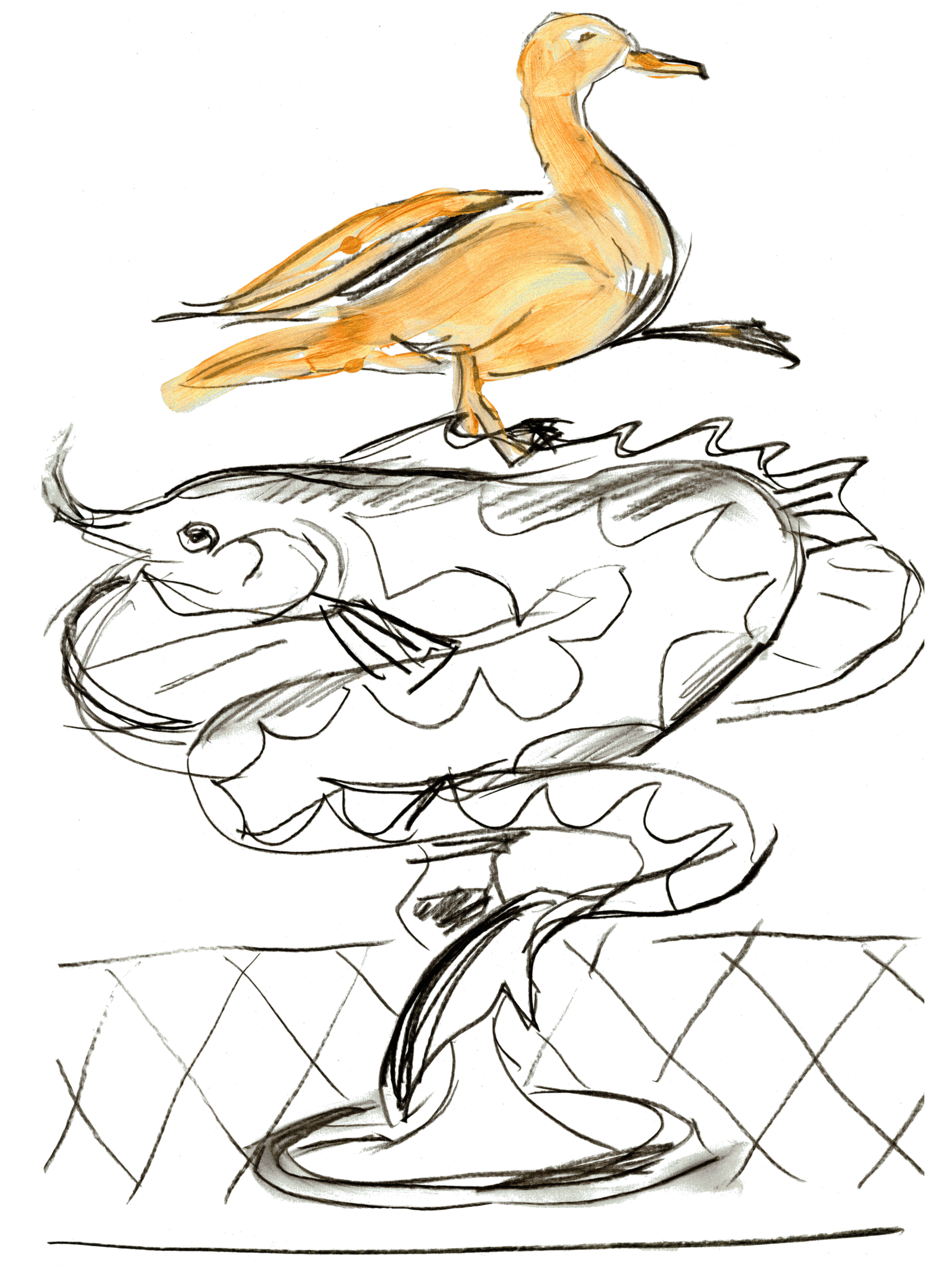 A painting or drawing of a duck standing on a branch.