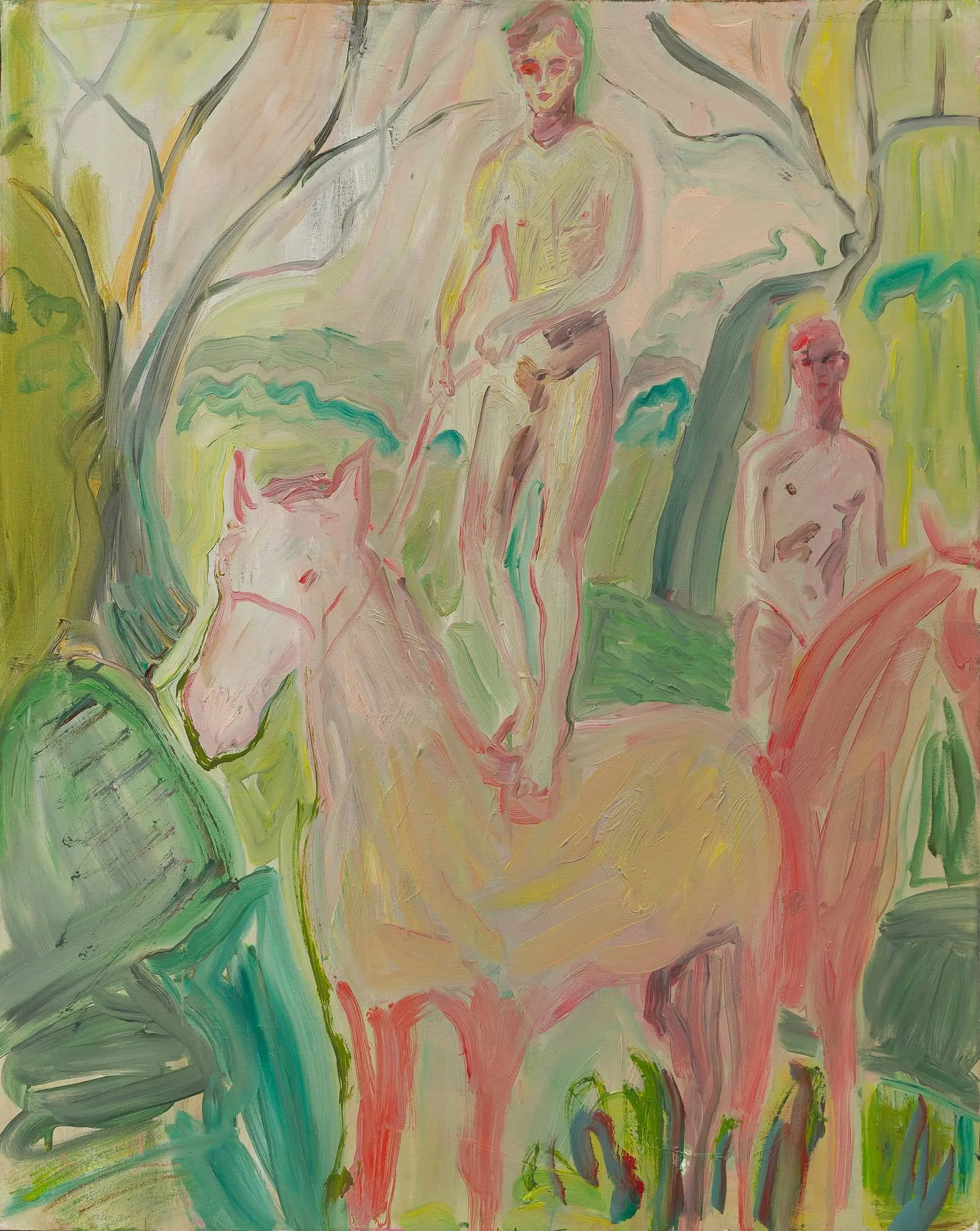 Abstract painting depicting human figures and plant-like shapes in soft pastel colors with loose brushstrokes.