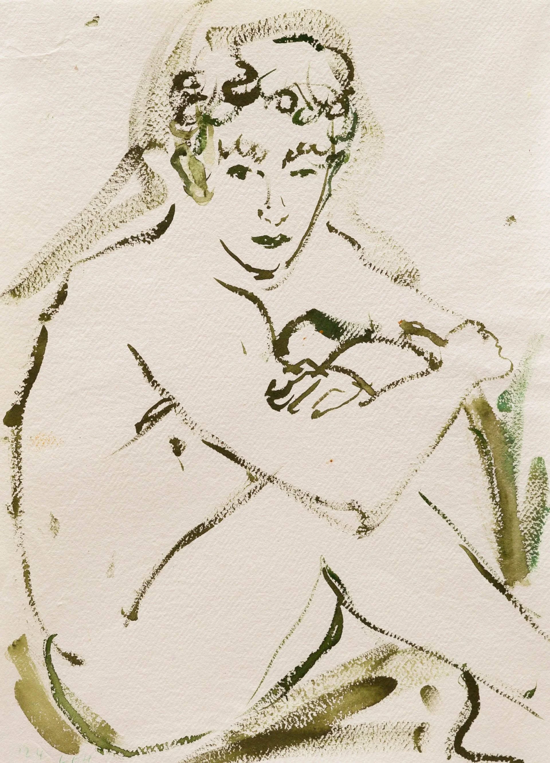 A line drawing of a figure, possibly a woman, with crossed arms and a contemplative expression, rendered in black and green ink on textured paper.