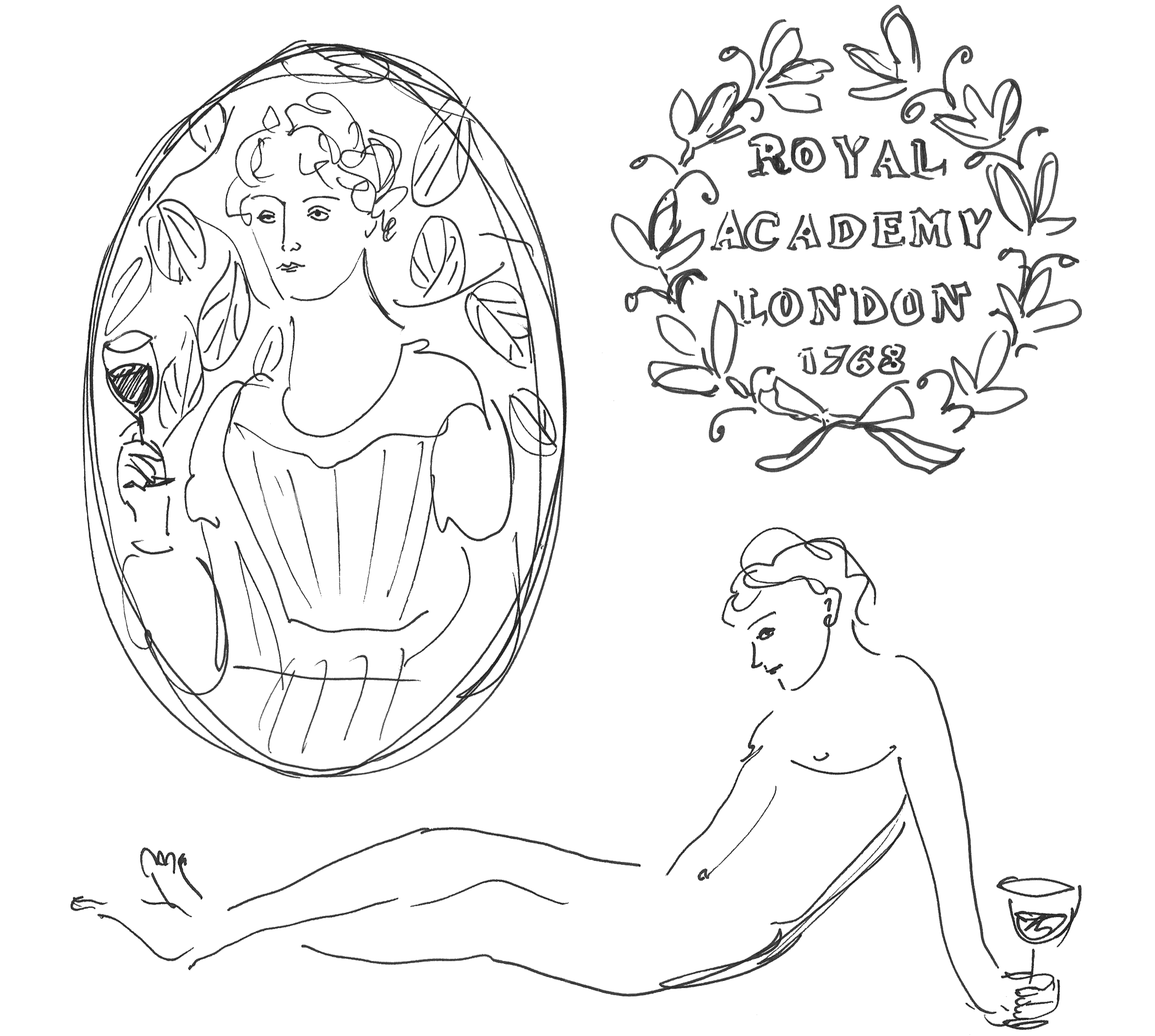 Line drawing of a woman with long hair with a halo around her head, and the words "Royal Academy London 1968" surrounded by a laurel wreath next to her.