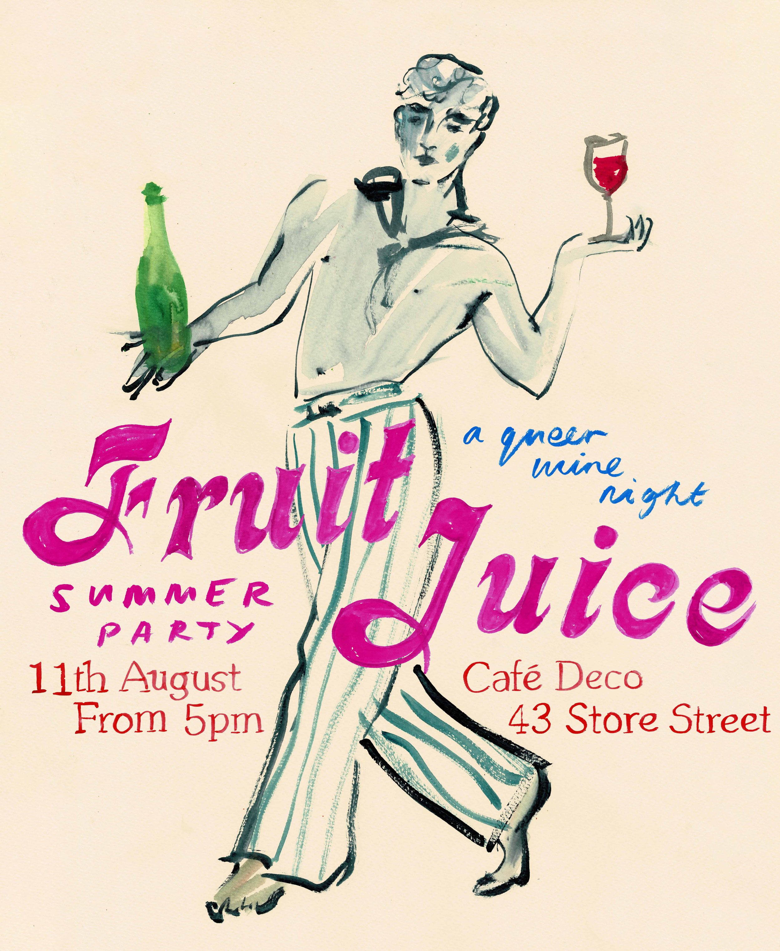 Watercolor illustration of a woman holding a green bottle in her left hand and a glass of red wine in her right hand, with text advertising a summer party event on August 11th at Café Deco.