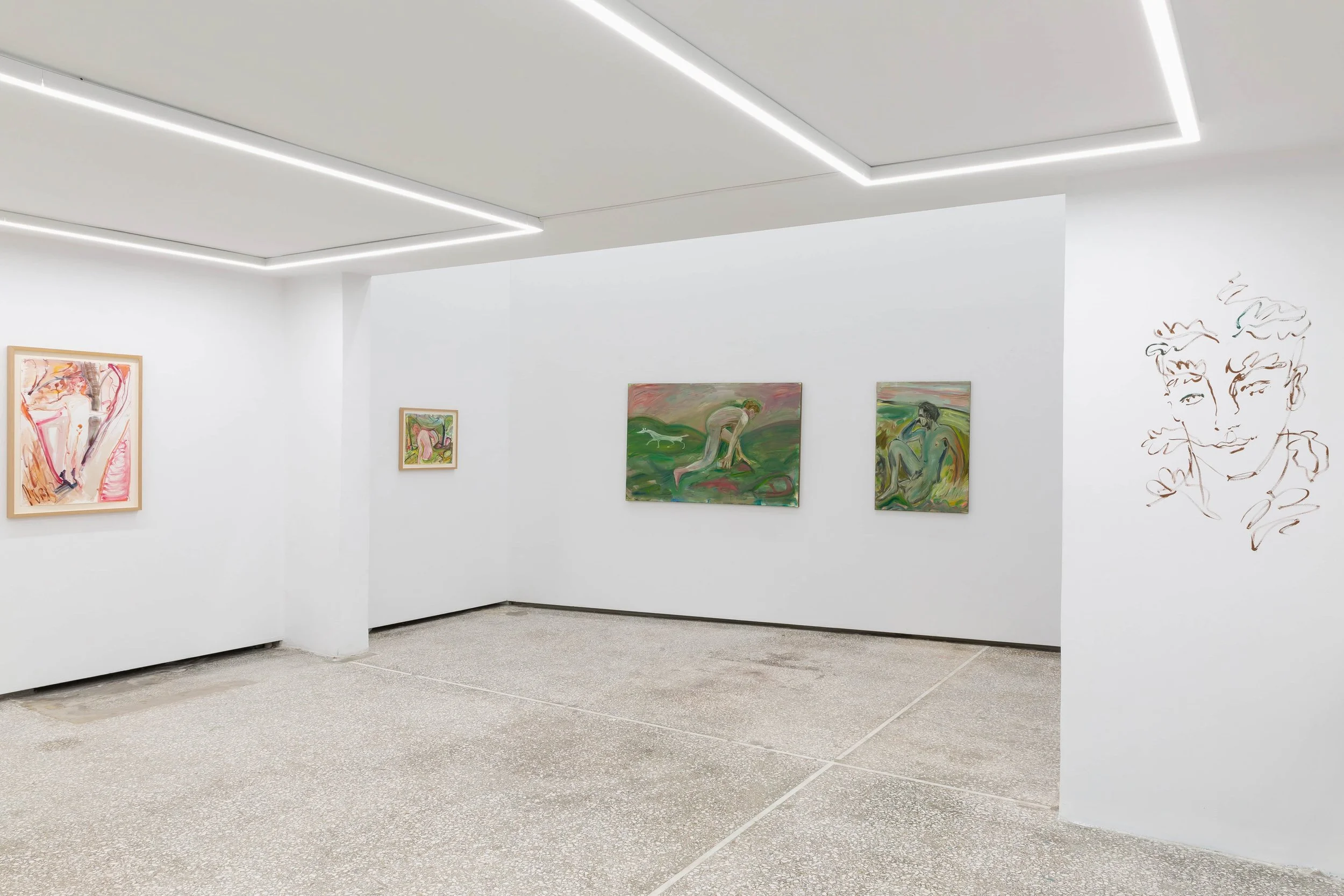 Interior of an art gallery with white walls and paintings featuring abstract and figurative styles.