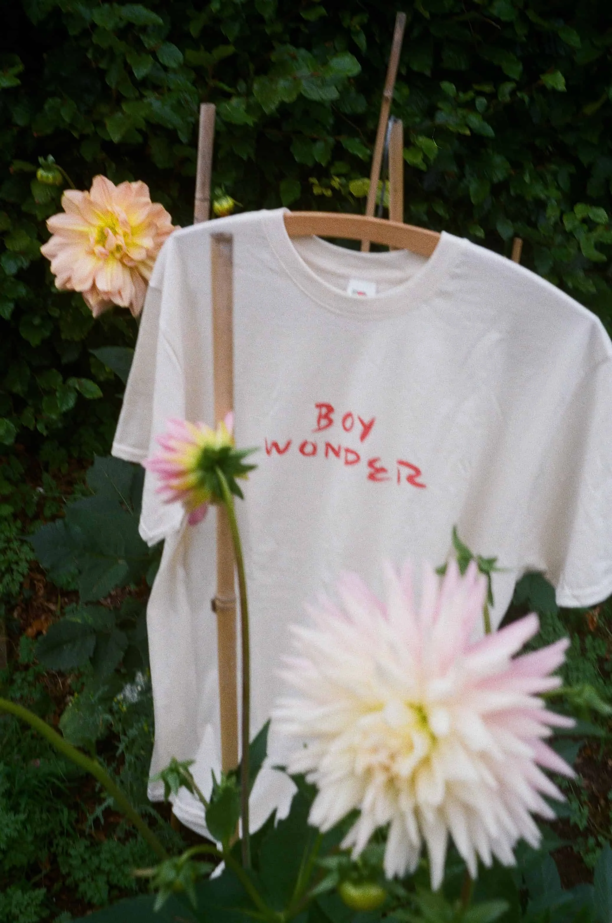 A white T-shirt with the phrase "Boy Wonder" written in red letters, hanging on a clothing rack amidst orange and pink flowers and green foliage.