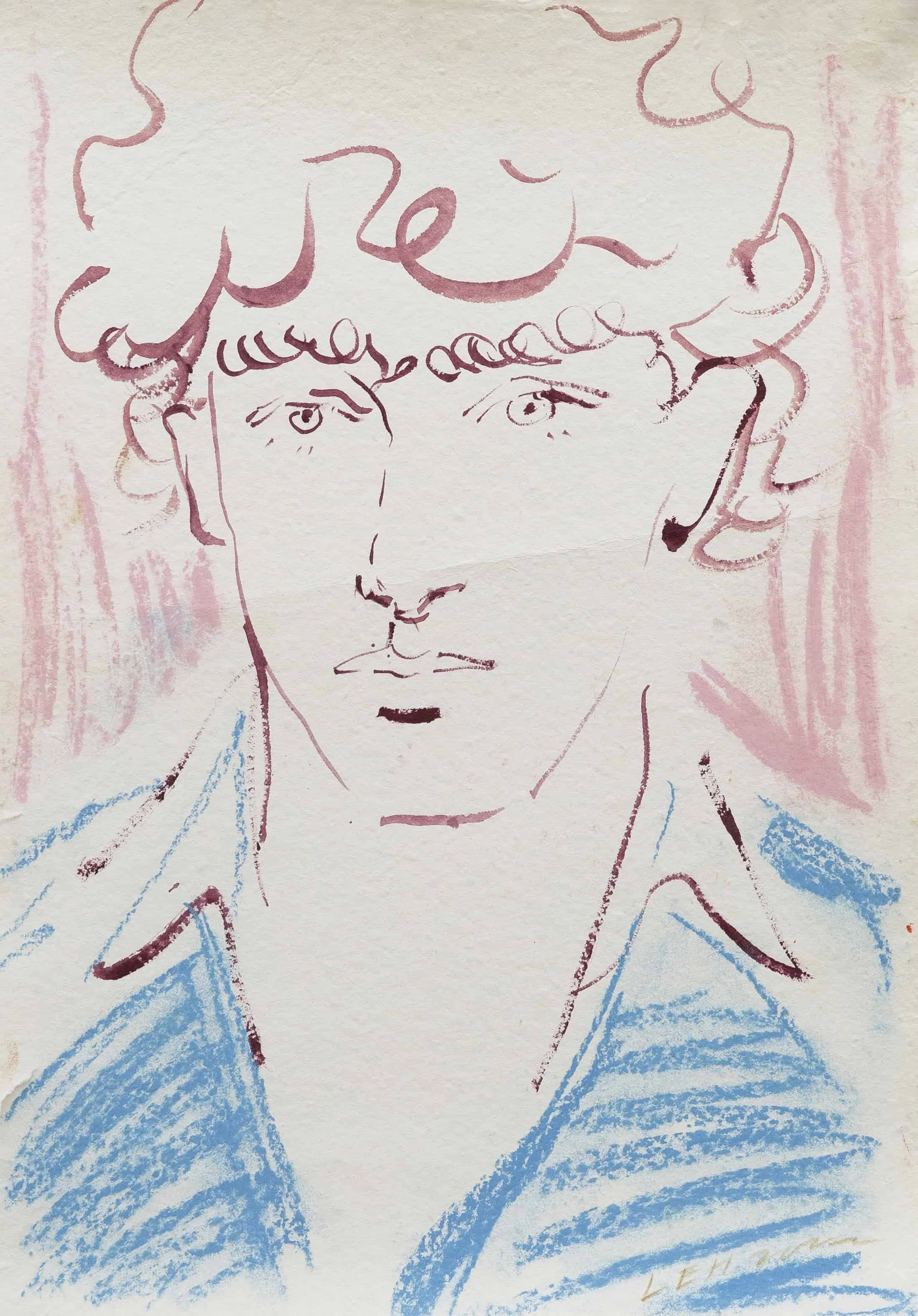 A simple line drawing of a woman with curly hair, wearing a dress with a V neckline, drawn with colored pencils in shades of pink, blue, and purple.