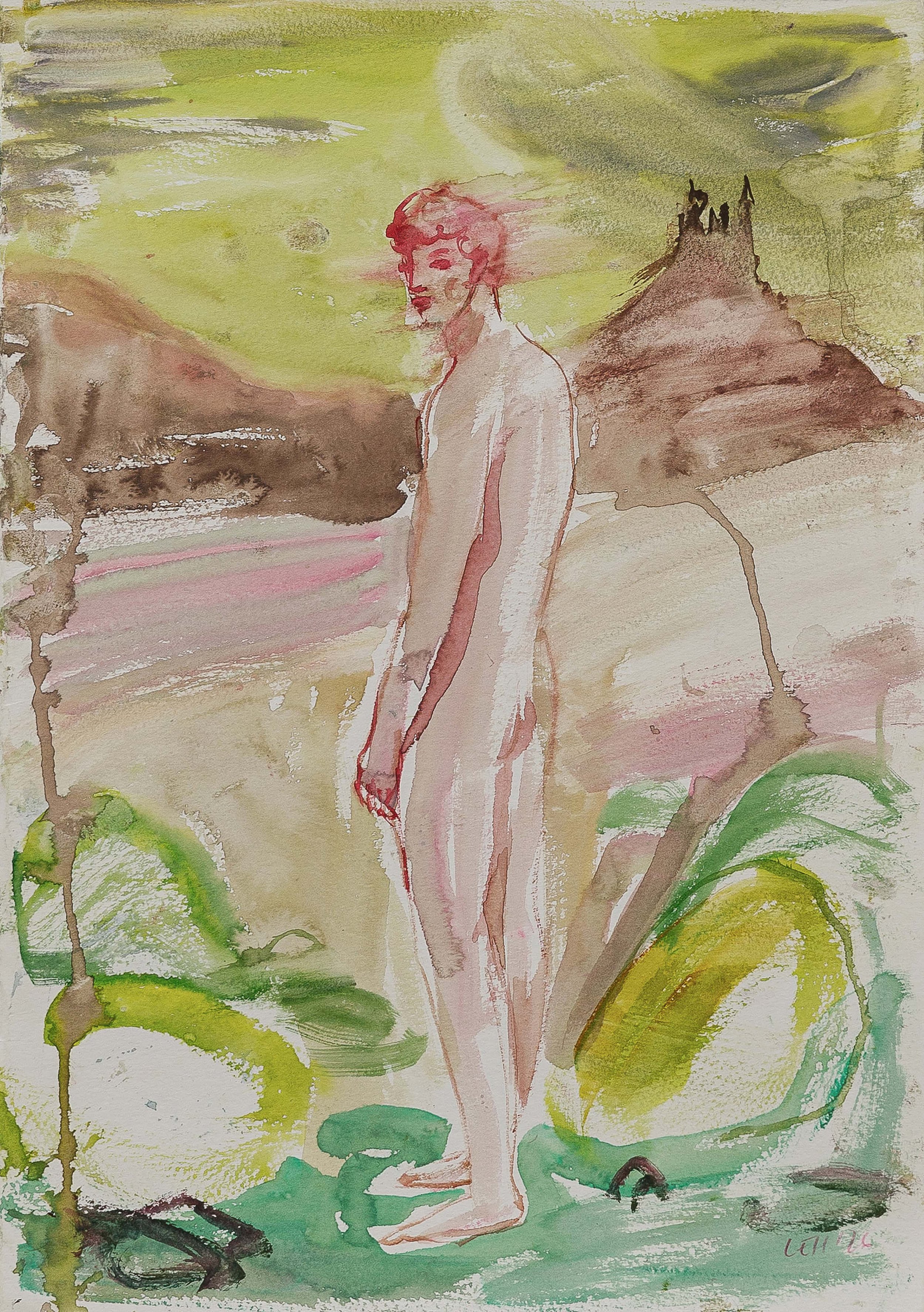 Watercolor painting of a woman with pink hair standing outdoors near a mountain with a castle or fortress on top. The background is in shades of green and yellow, with a moon or sun in the sky. The woman is topless, with her eyes closed and head slig