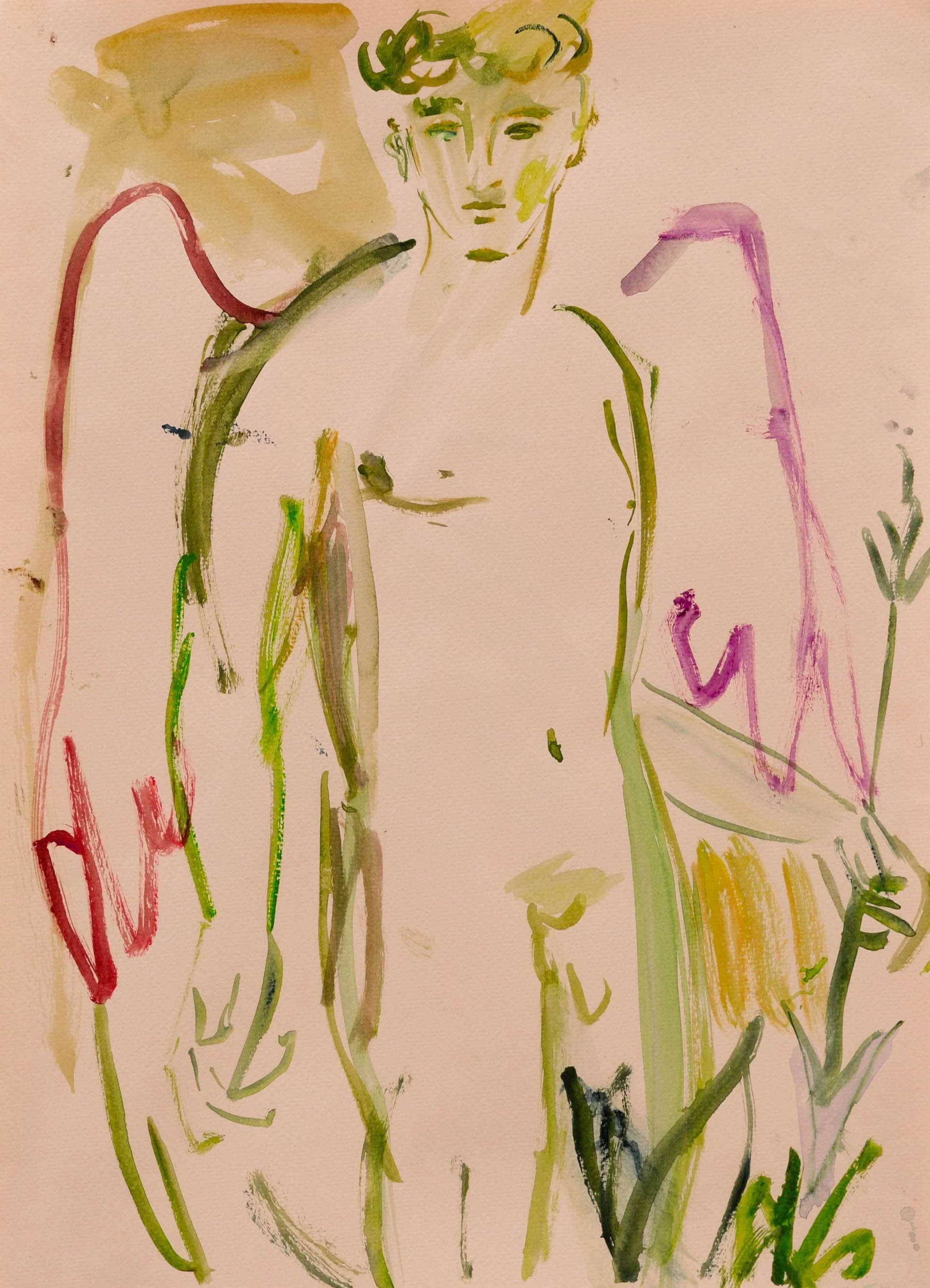 Watercolor painting of a human figure with abstract facial features and elongated limbs, surrounded by colorful strokes of pink, green, purple, and yellow.