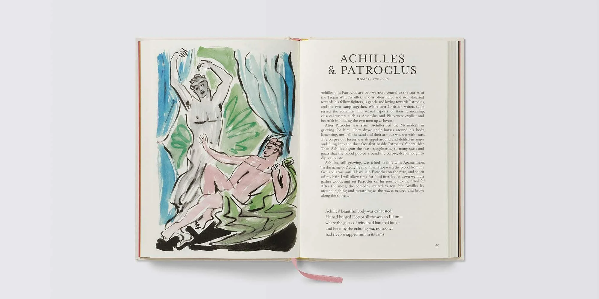 Open book with a watercolor illustration of Achilles and Patroclus, two warriors from Greek mythology, in a scene depicting a moment from Homer's Iliad, with Achilles standing and Patroclus sitting.