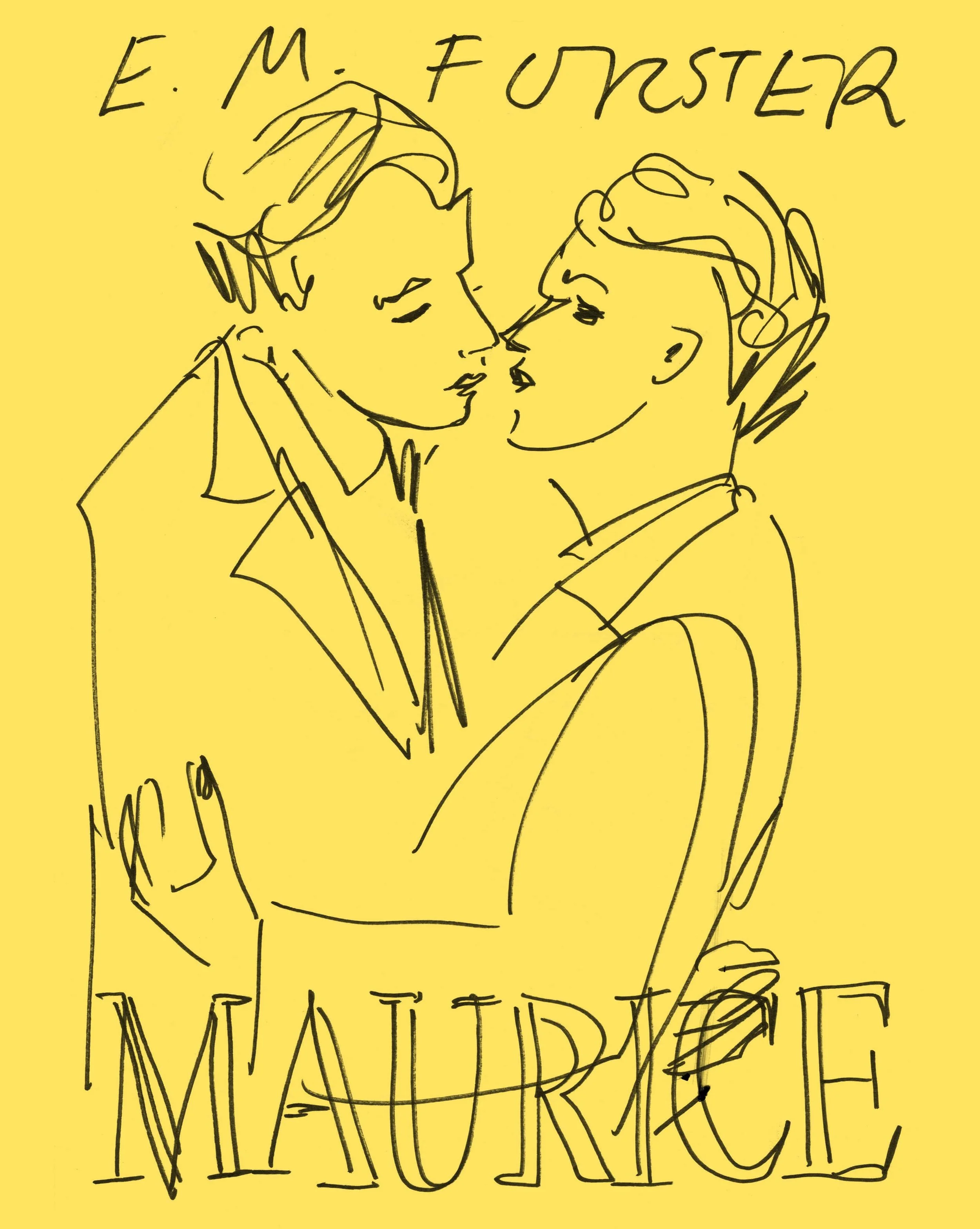Line drawing of two people face to face on a yellow background, with handwritten words 'E. M. FORSTER' at the top and partially visible text 'MIND THE...' at the bottom.