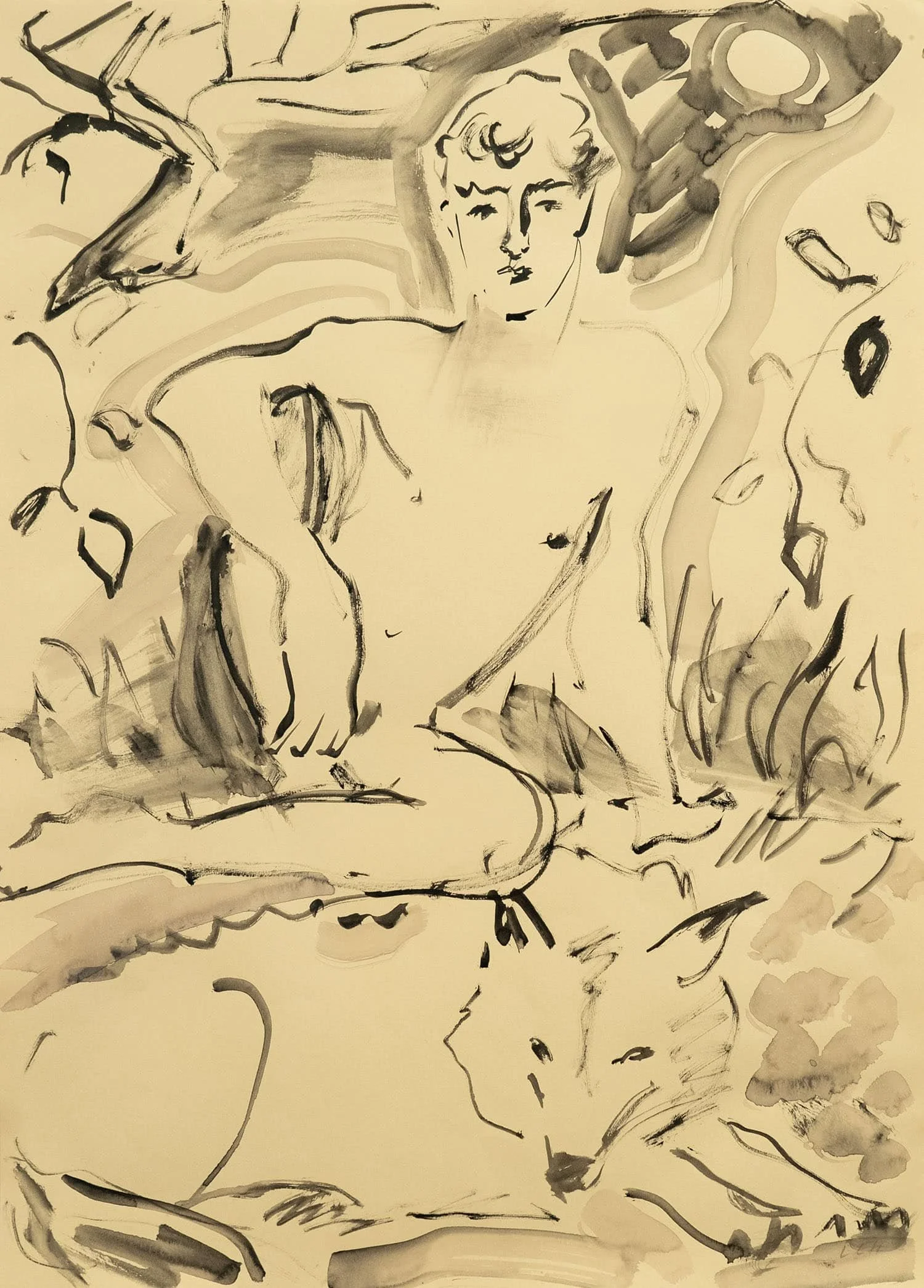 A black and white ink sketch of a nude woman with short hair, sitting on a blanket. The background is abstract with loose lines and shading.