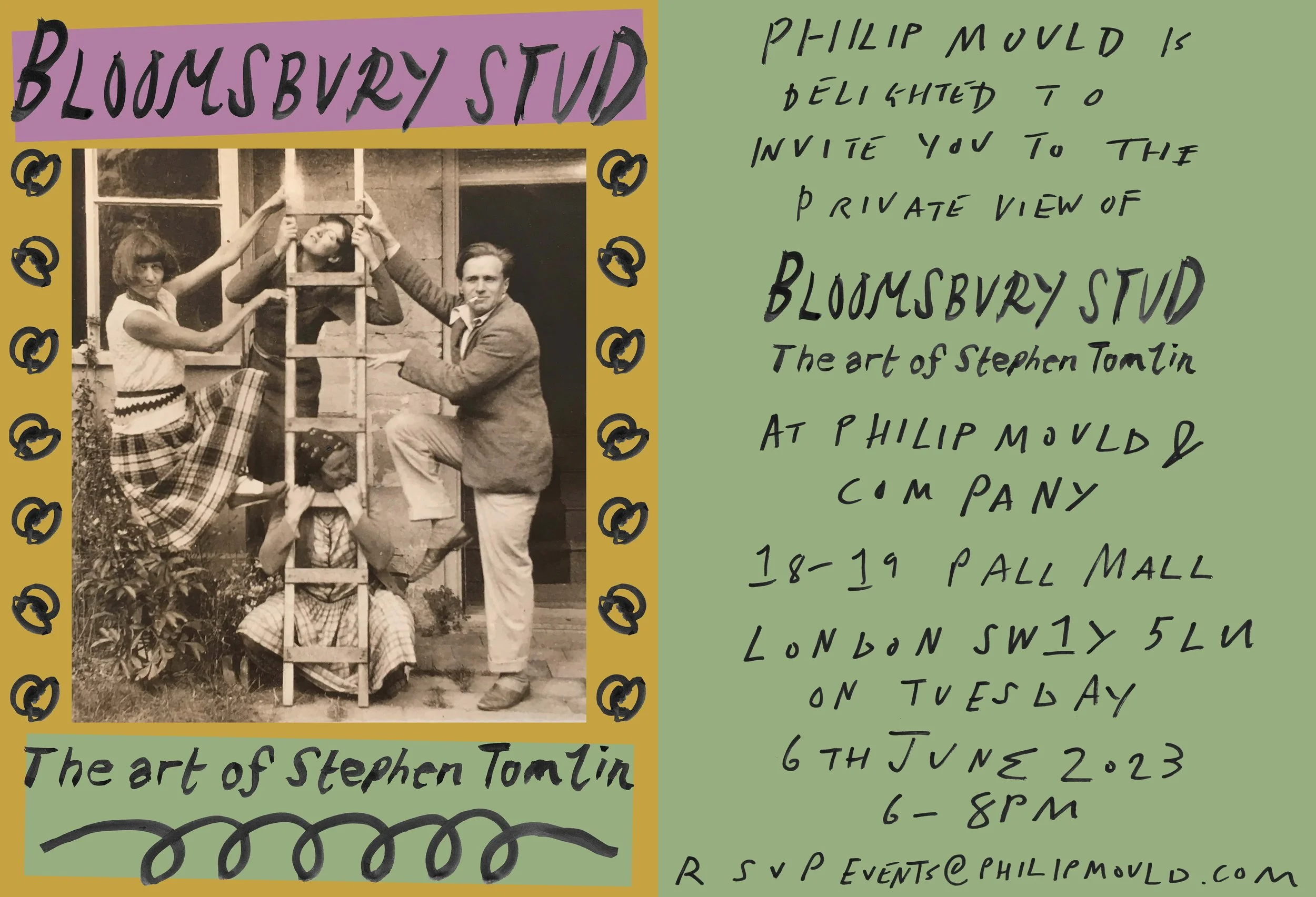 A vintage black and white photo of three people, two standing and one sitting on a ladder, with a young girl underneath. The people are posing with a wooden frame, and all are inside or near a house or building. The surrounding graphic design includes colorful borders, handwritten text, and decorative elements advertising an art exhibition.