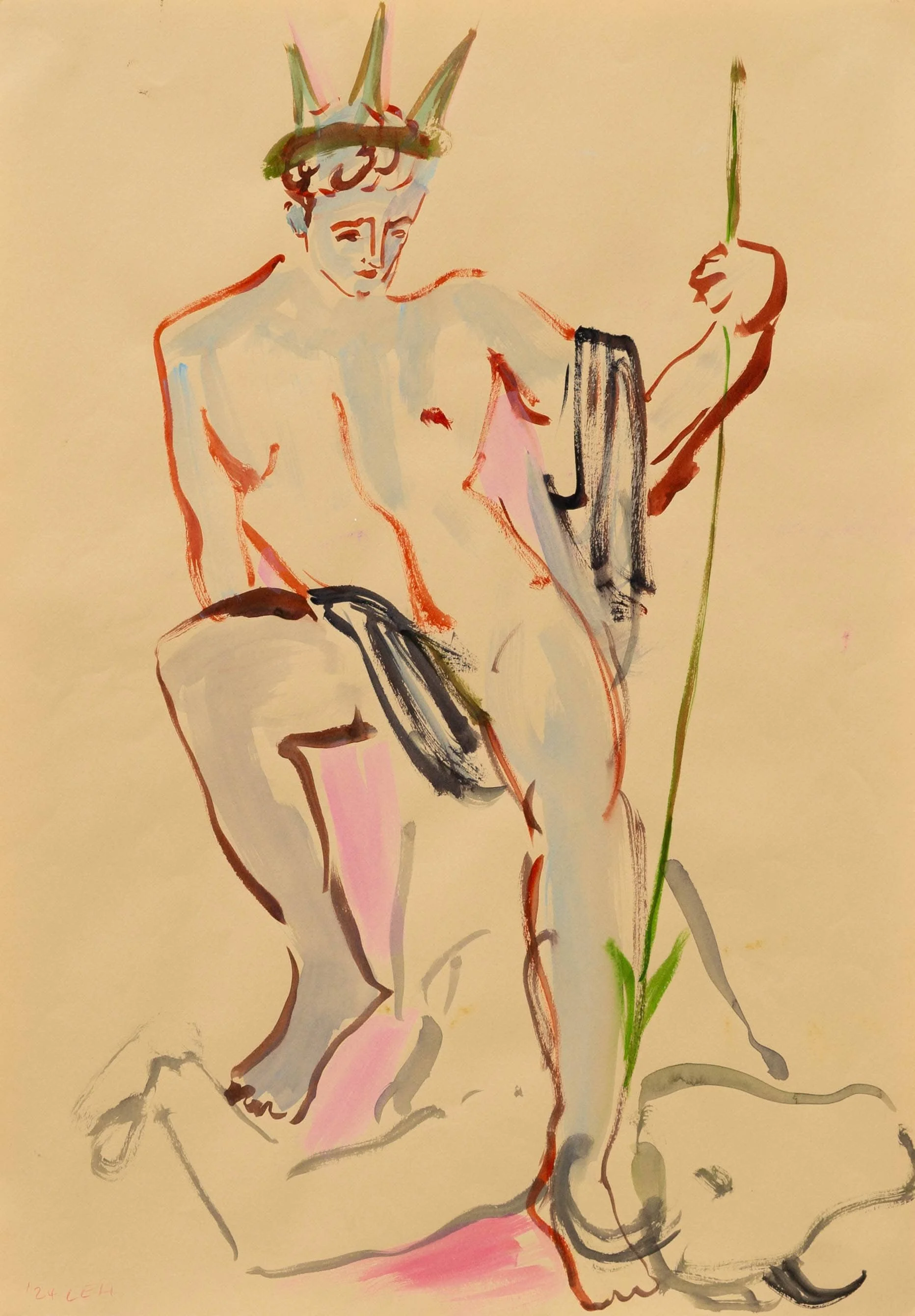 A watercolor painting of a person with rabbit ears, sitting on a rock or ground, holding a long green plant or stem. The person appears to be in a relaxed pose, with minimal clothing, and has a peaceful expression. The style is loose and expressive.