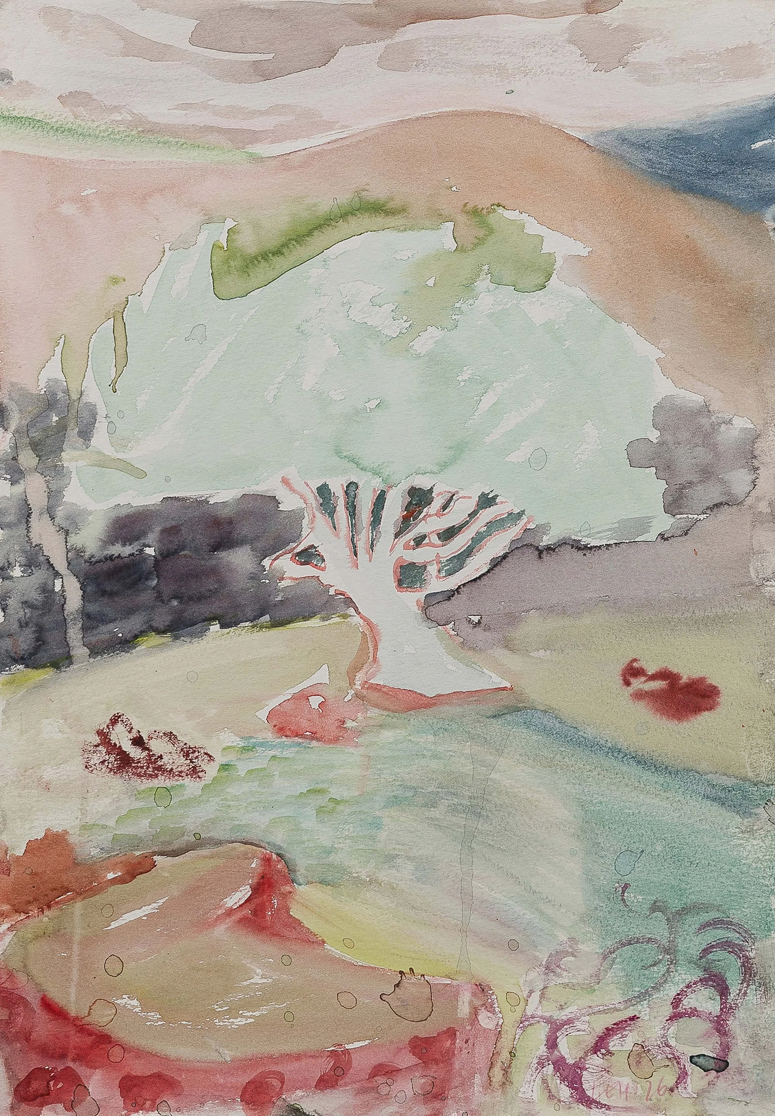 Watercolor painting of a small white dog with a red collar standing on grass, with abstract background in soft pastel colors.
