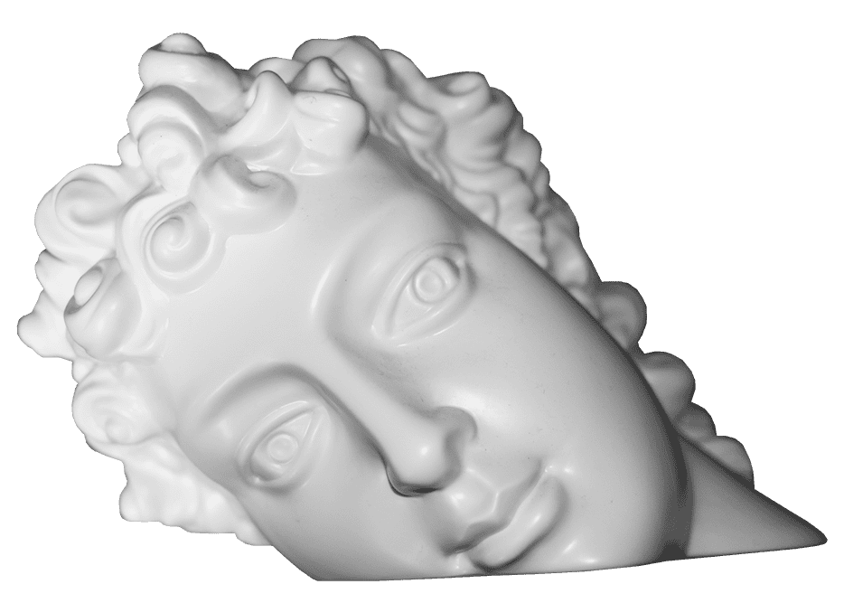 White sculpture of a lying female face with curly hair, detailed features, and a serene expression.